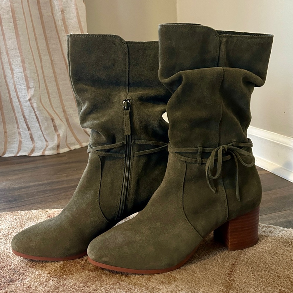 Violet & Red Janine Boho Mid Calf Suede Leather Boot, Olive / Sage Green, Sz 10 - Picture 5 of 10